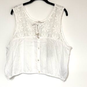Joie White Crochet Button-Down Sleeveless Linen Blend Crop Blouse Sz XL